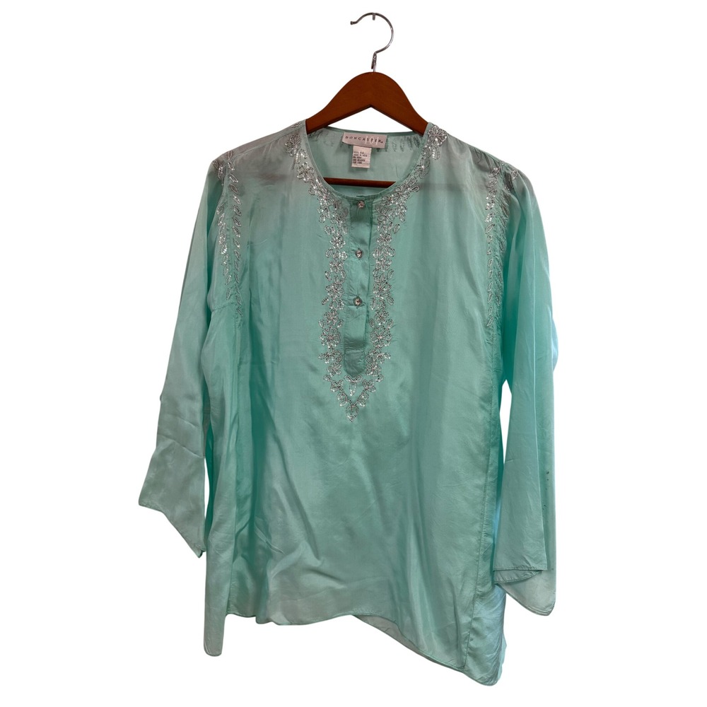 Doncaster Silk Sequin Embroidered Tunic Top Seafoam Green Lined Beaded Blouse L